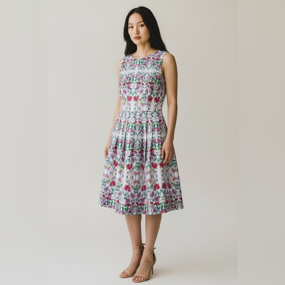Sleeveless Floral Midi Dress in White and Pink